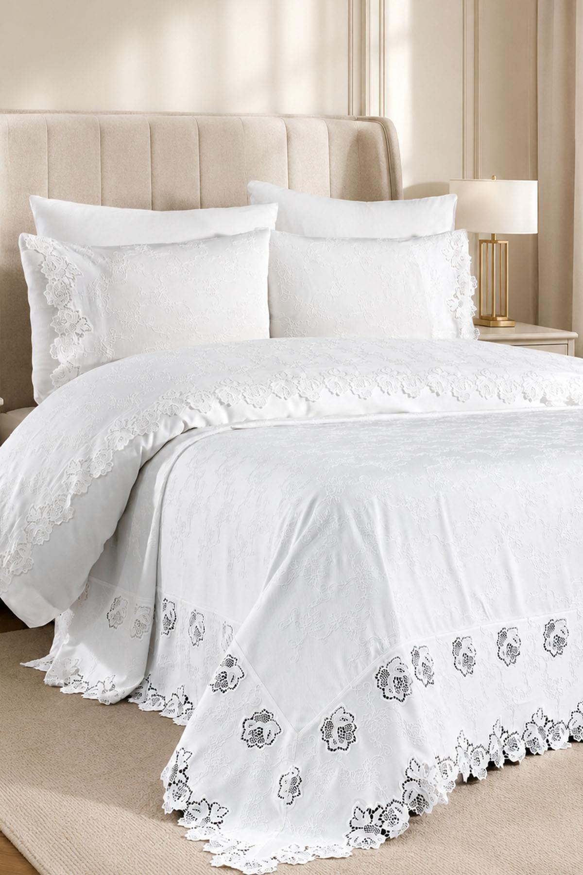Astena Floral Embroidered King Size 7-Piece Duvet Cover + Quilt Set