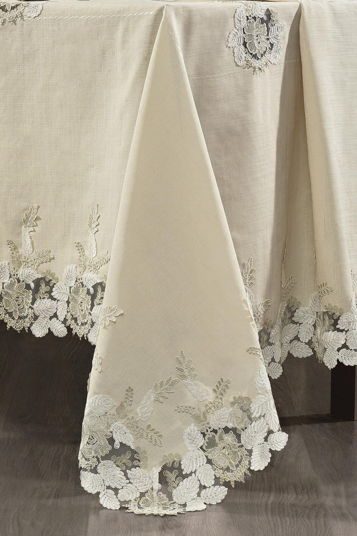 Cremefarbene, spitzenverzierte, schmutzabweisende Tischdecke, elegante Esstischdekoration