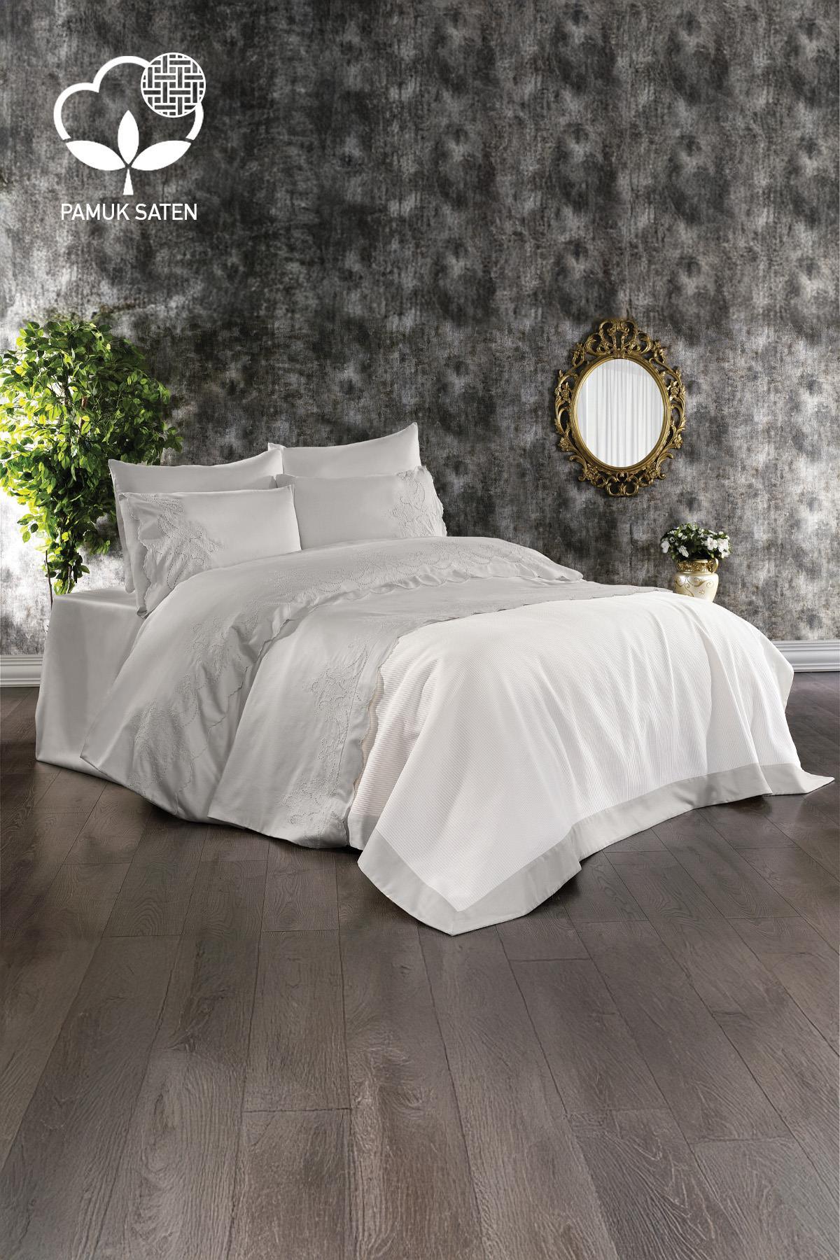 Hanedan besticktes Super-Kingsize-Bettwäsche- und Tagesdecken-Set, 7-teilig – Nazik Home – Wert für mein Zuhause!