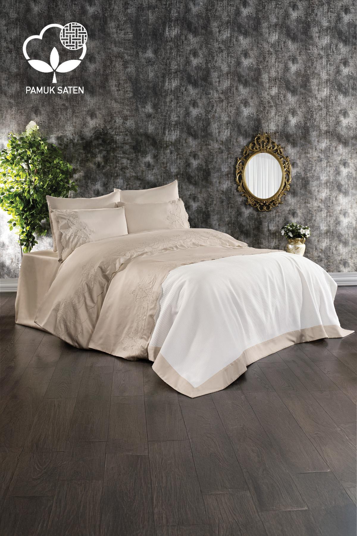 Hanedan besticktes Super-Kingsize-Bettwäsche- und Tagesdecken-Set, 7-teilig – Nazik Home – Wert für mein Zuhause!