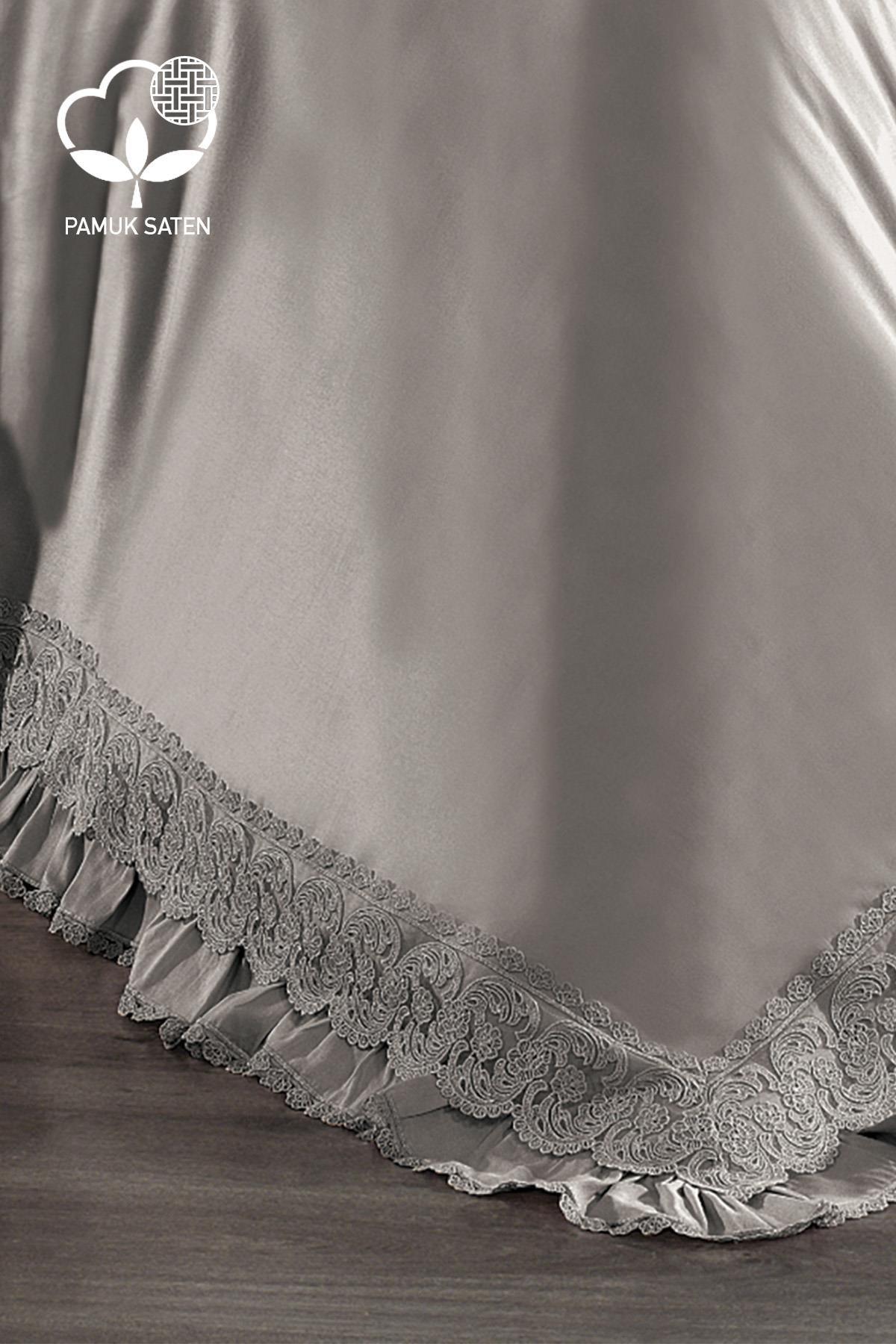 Bettwäsche-Set für Doppelbett aus Bio-Baumwollsatin mit Spitze, in Grau mit Zierdetails