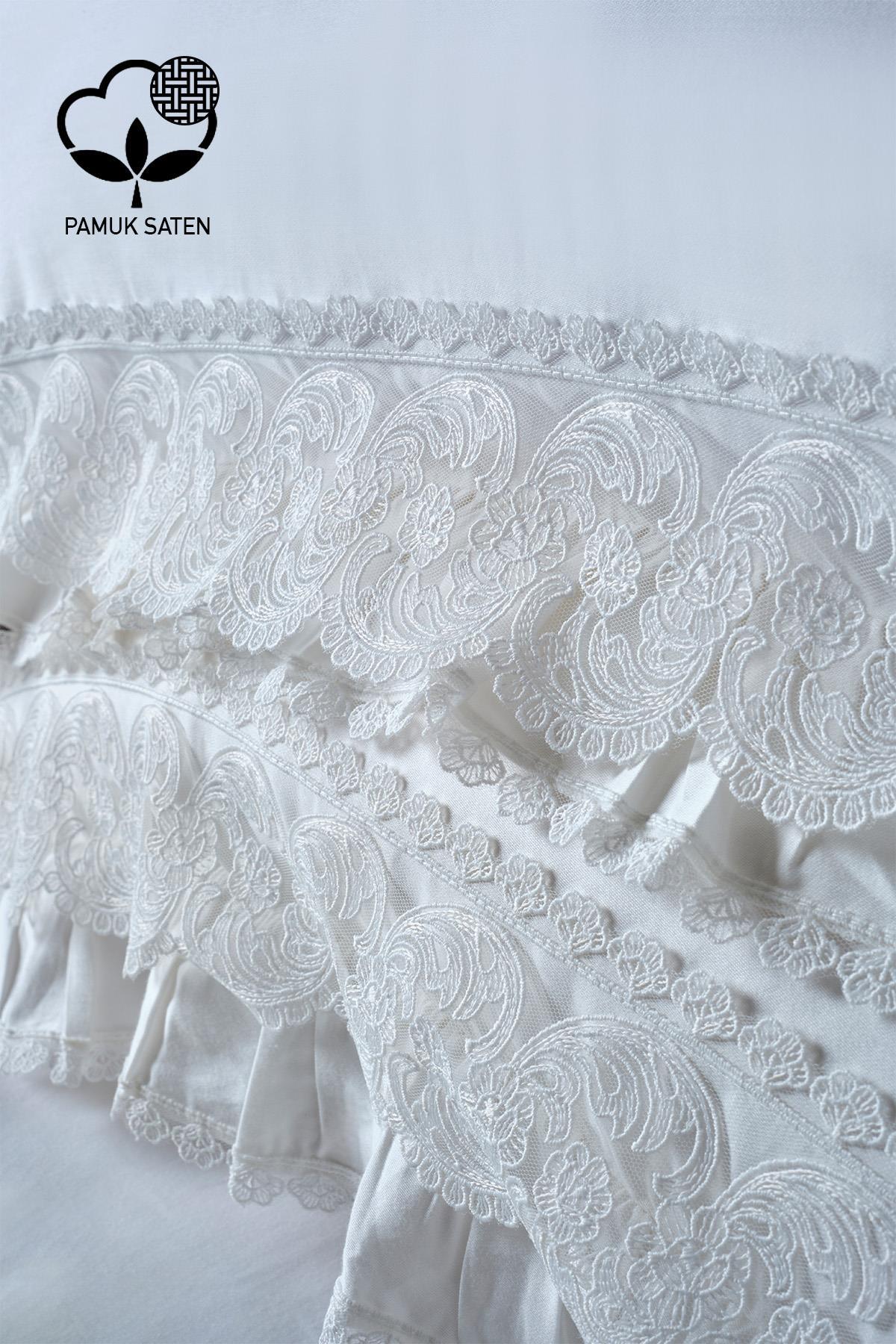Detailansicht eines Doppelbett-Bettwäschesets aus Bio-Baumwollsatin mit weißer Spitze