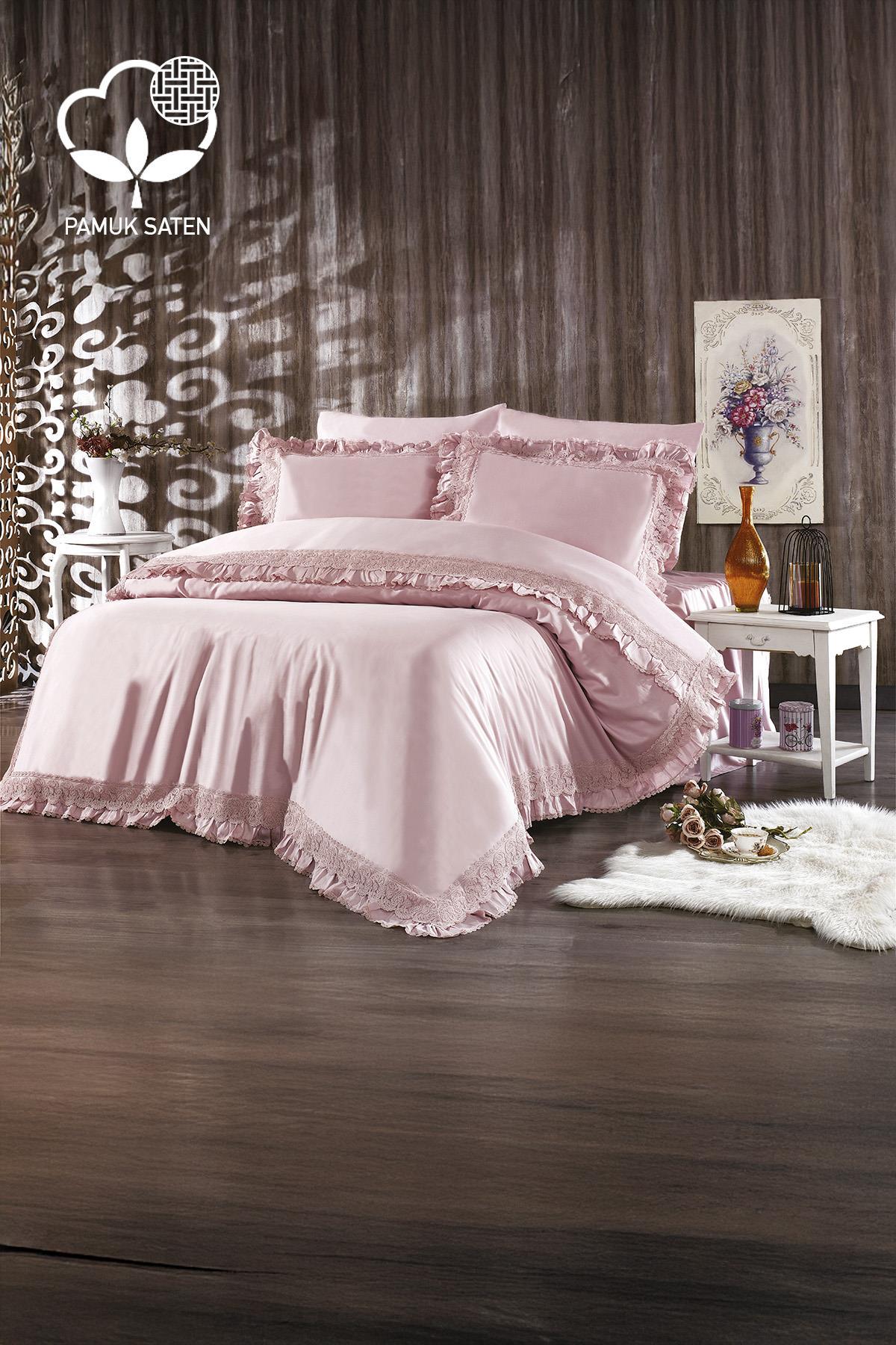 Puderrosa Bettwäsche-Set aus Bio-Baumwollsatin mit Spitze für Doppelbett im Schlafzimmer