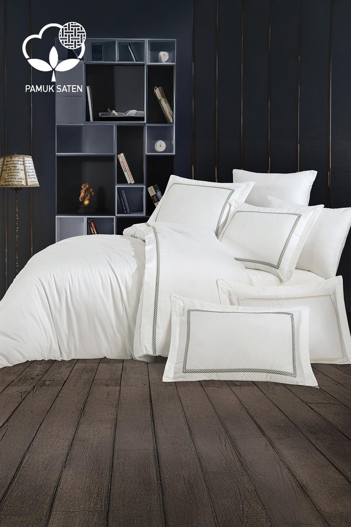 Olimpos Besticktes King-Size-Bettwäsche-Set aus Baumwollsatin, 6-teilig