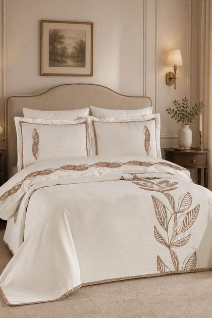 Oslo Leaf Embroidered Double Duvet Cover + Pique Set - 7 Pieces