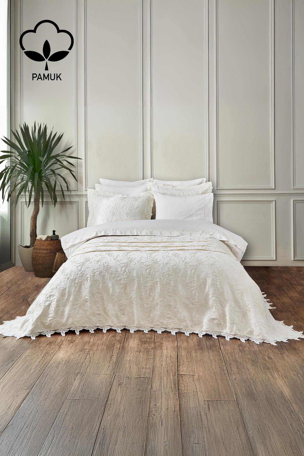Ribera besticktes Doppelbett-Bettwäsche-Set, 9-teilig, inkl. Tagesdecke – Nazik Home – Wert für mein Zuhause!