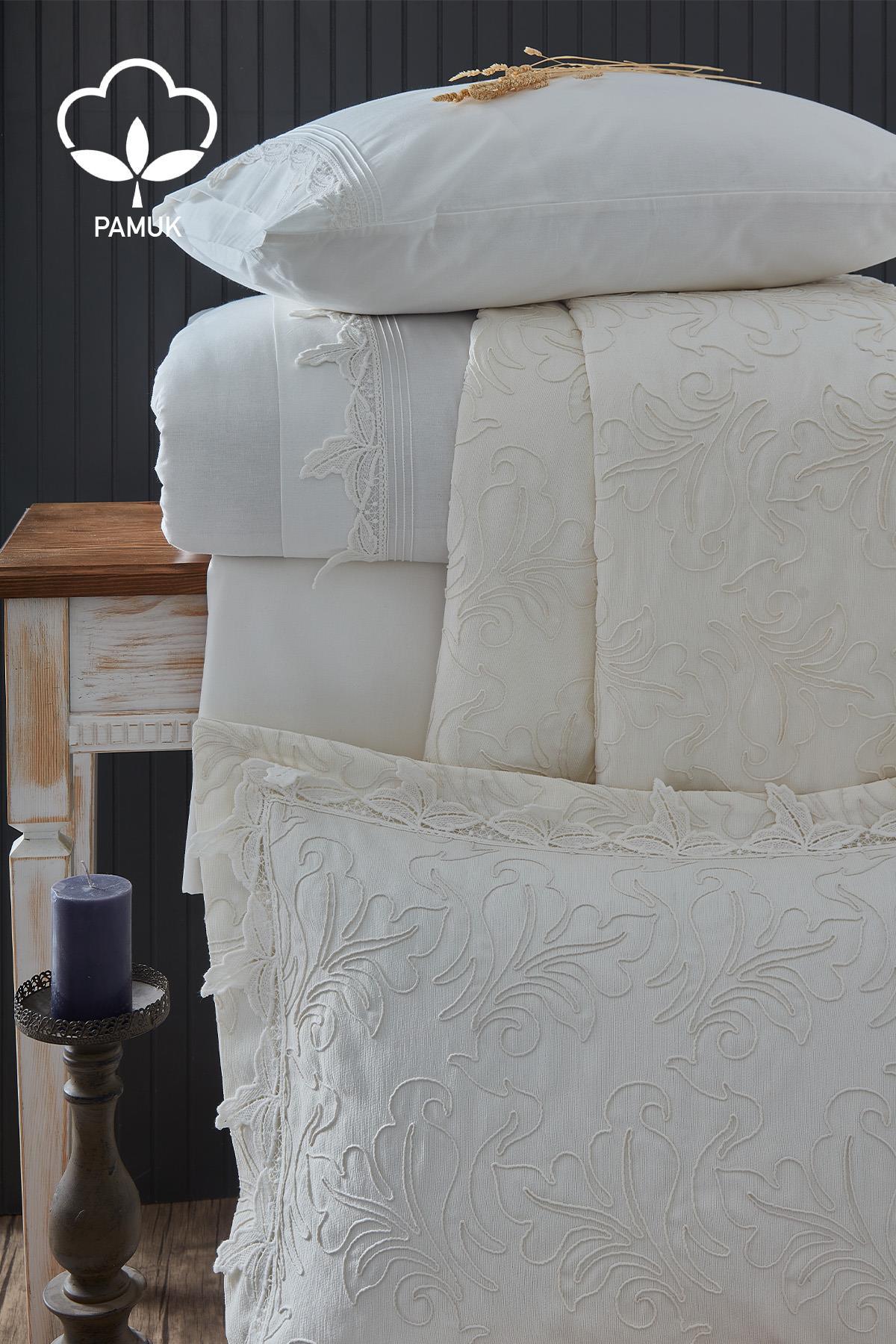 Ribera besticktes Doppelbett-Bettwäsche-Set, 9-teilig, inkl. Tagesdecke – Nazik Home – Wert für mein Zuhause!