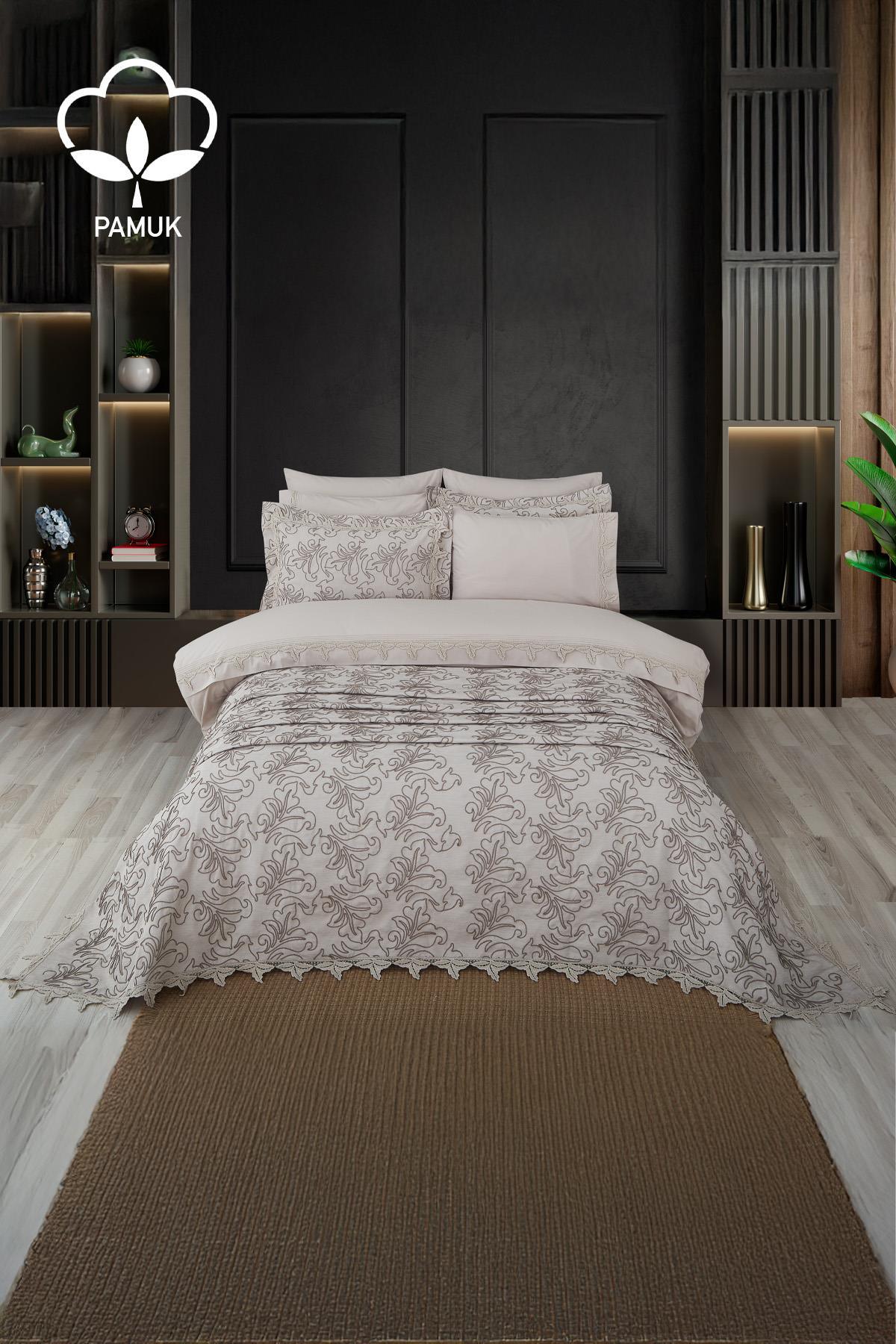 Ribera besticktes Doppelbett-Bettwäsche-Set, 9-teilig, inkl. Tagesdecke – Nazik Home – Wert für mein Zuhause!