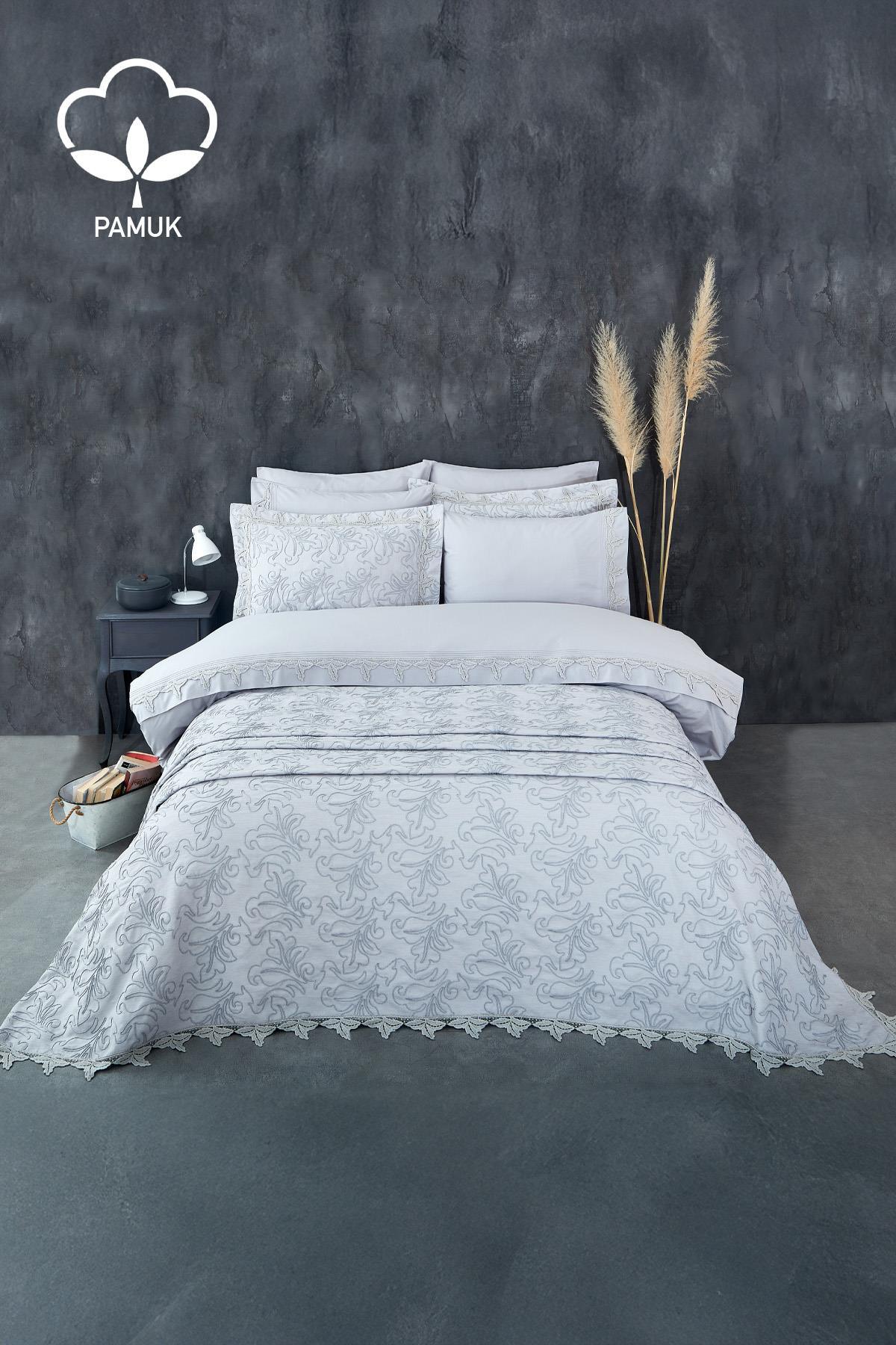 Ribera besticktes Doppelbett-Bettwäsche-Set, 9-teilig, inkl. Tagesdecke – Nazik Home – Wert für mein Zuhause!
