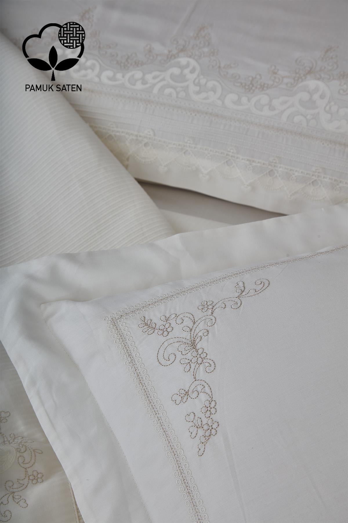 Details zum Bettwäsche- und Tagesdecken-Set aus weißem Baumwollsatin mit Yakut-Stickerei für Doppelbetten
