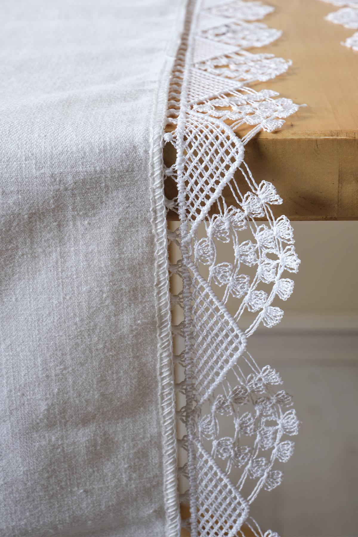 Weißer Spitzenläufer auf einem Tisch, elegantes und dekoratives Tischläufer-Detail