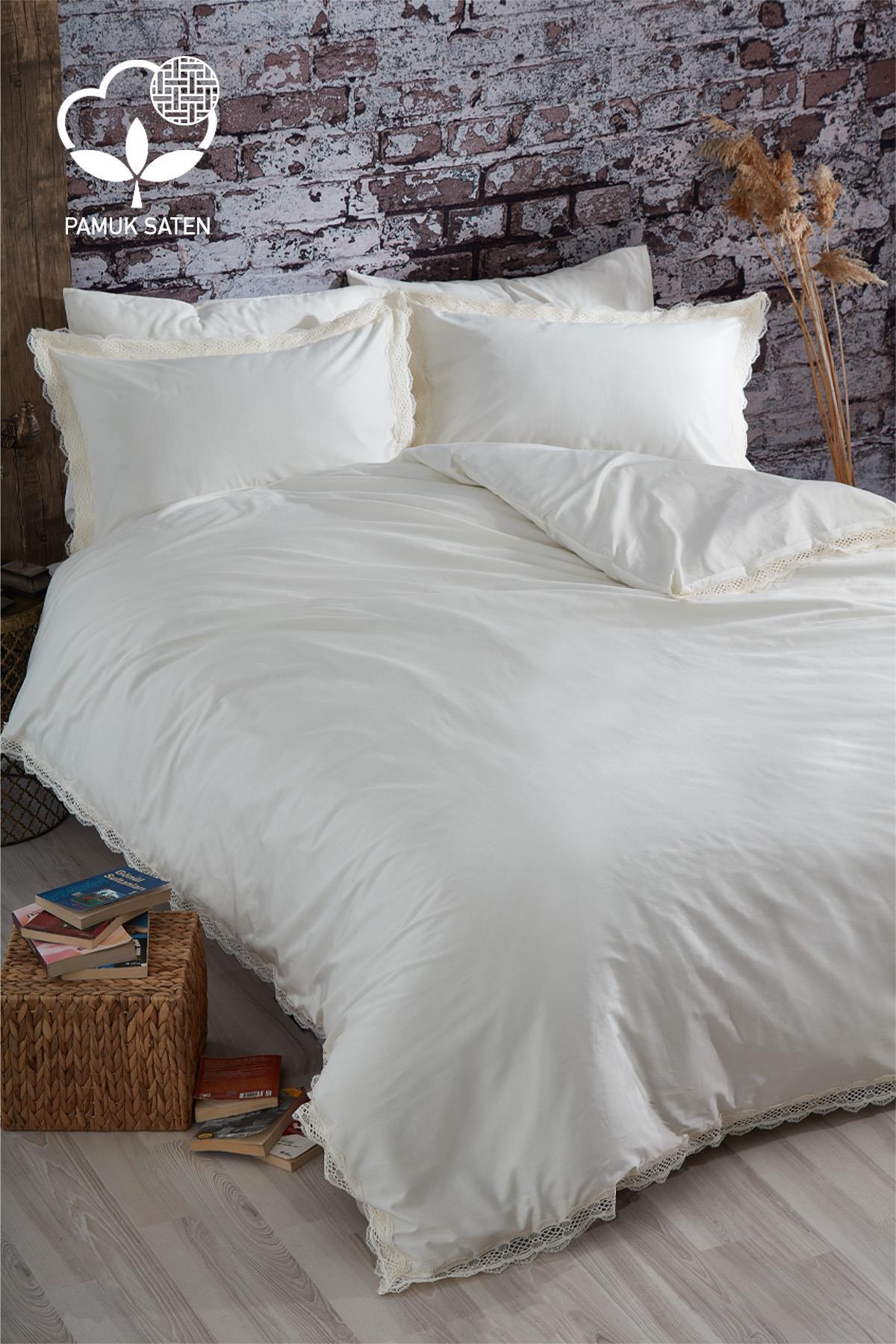 Asel 300 TC Baumwollsatin-Bettwäsche-Set mit Spitze, 6-teilig für Doppelbett – Nazik Home – Wert für mein Zuhause!