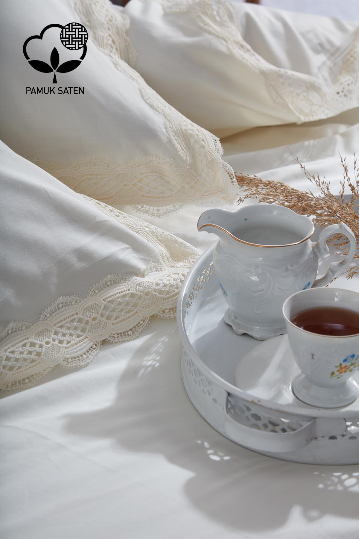 Asel 300 TC Baumwollsatin-Bettwäsche-Set mit Spitze, 6-teilig für Doppelbett – Nazik Home – Wert für mein Zuhause!