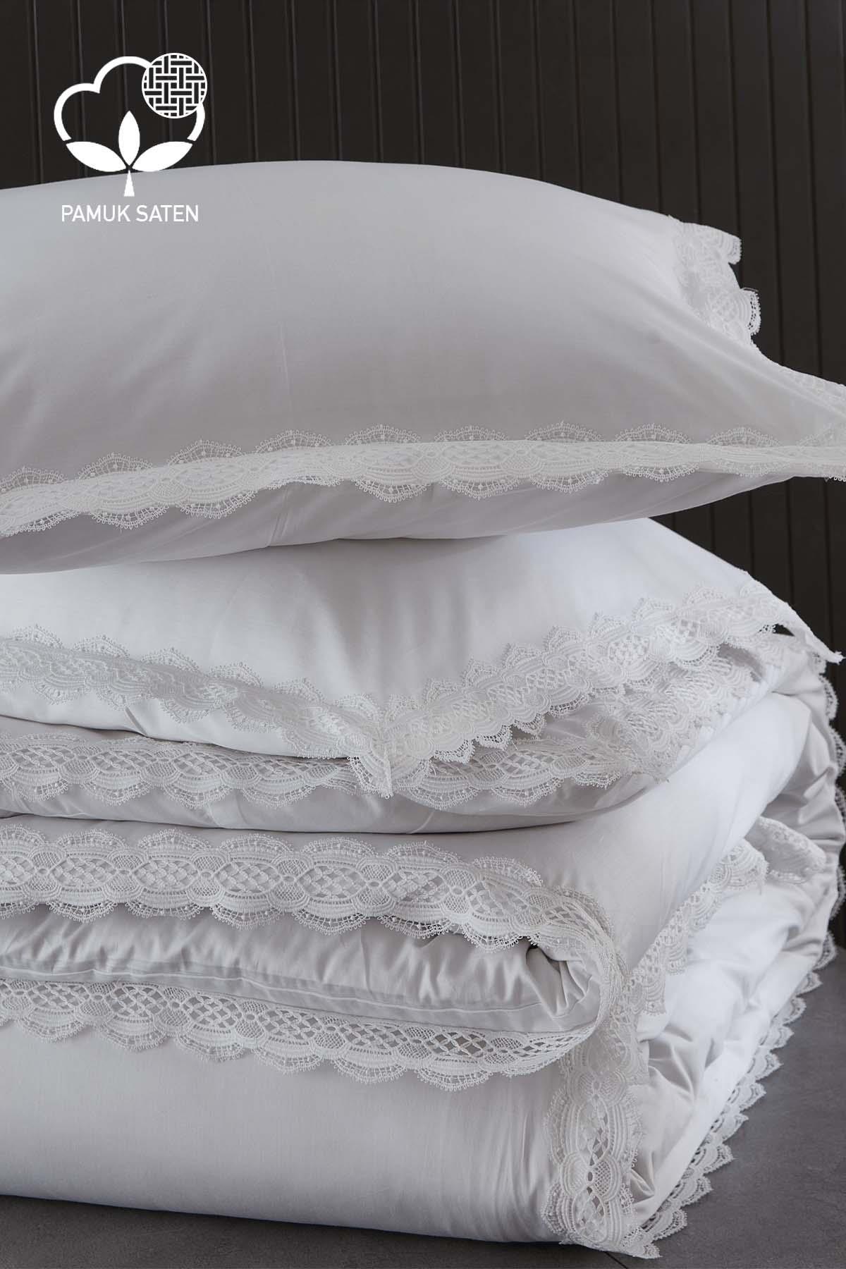 Asel 300 TC Baumwollsatin-Bettwäsche-Set mit Spitze, 6-teilig für Doppelbett – Nazik Home – Wert für mein Zuhause!