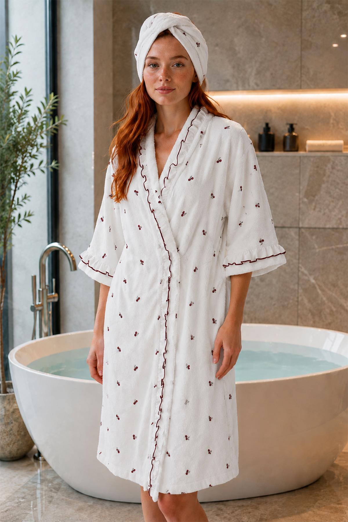 Kirschfarbenes Baumwoll-Bademantel-Set für Damen