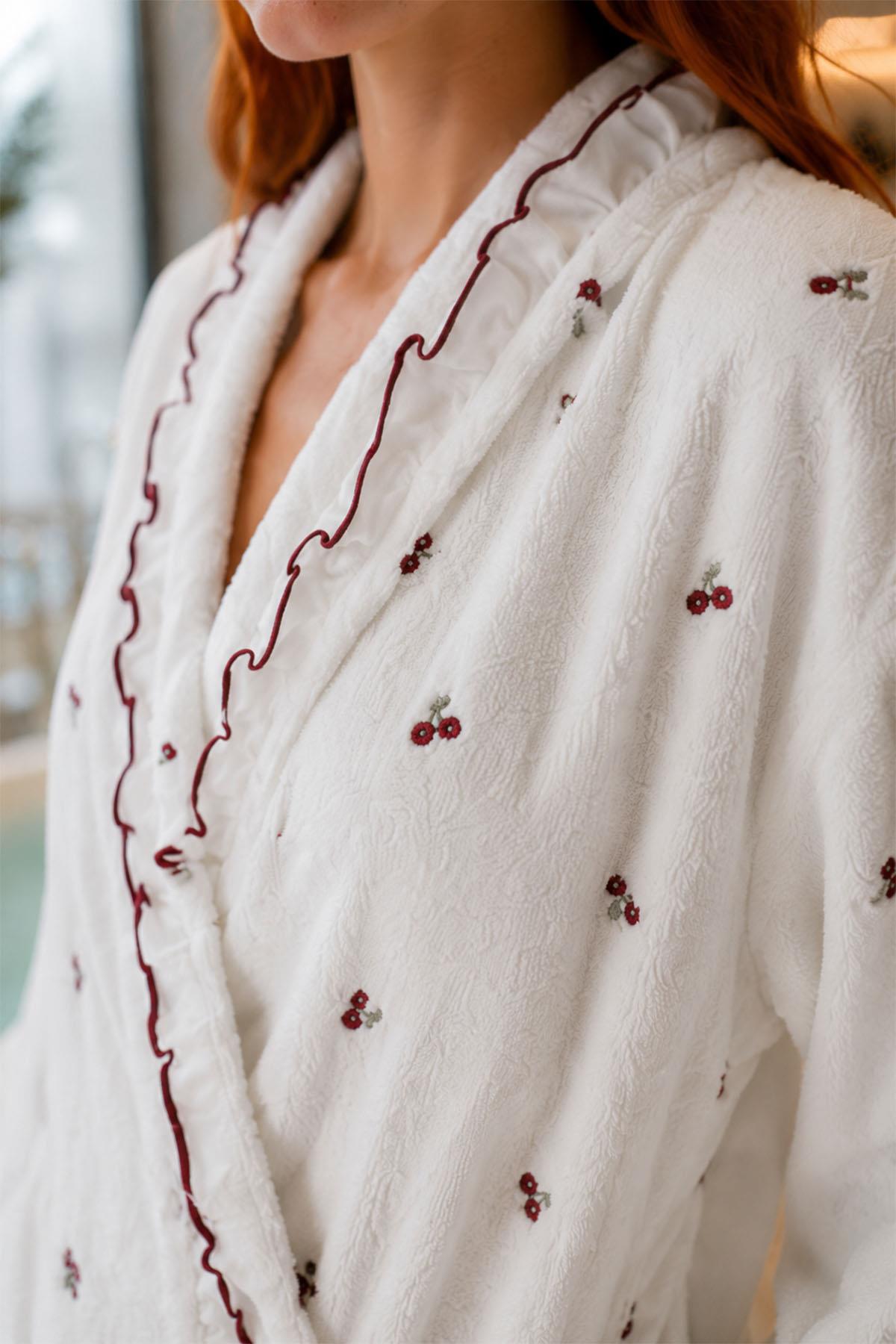 Kirschfarbenes Baumwoll-Bademantel-Set für Damen