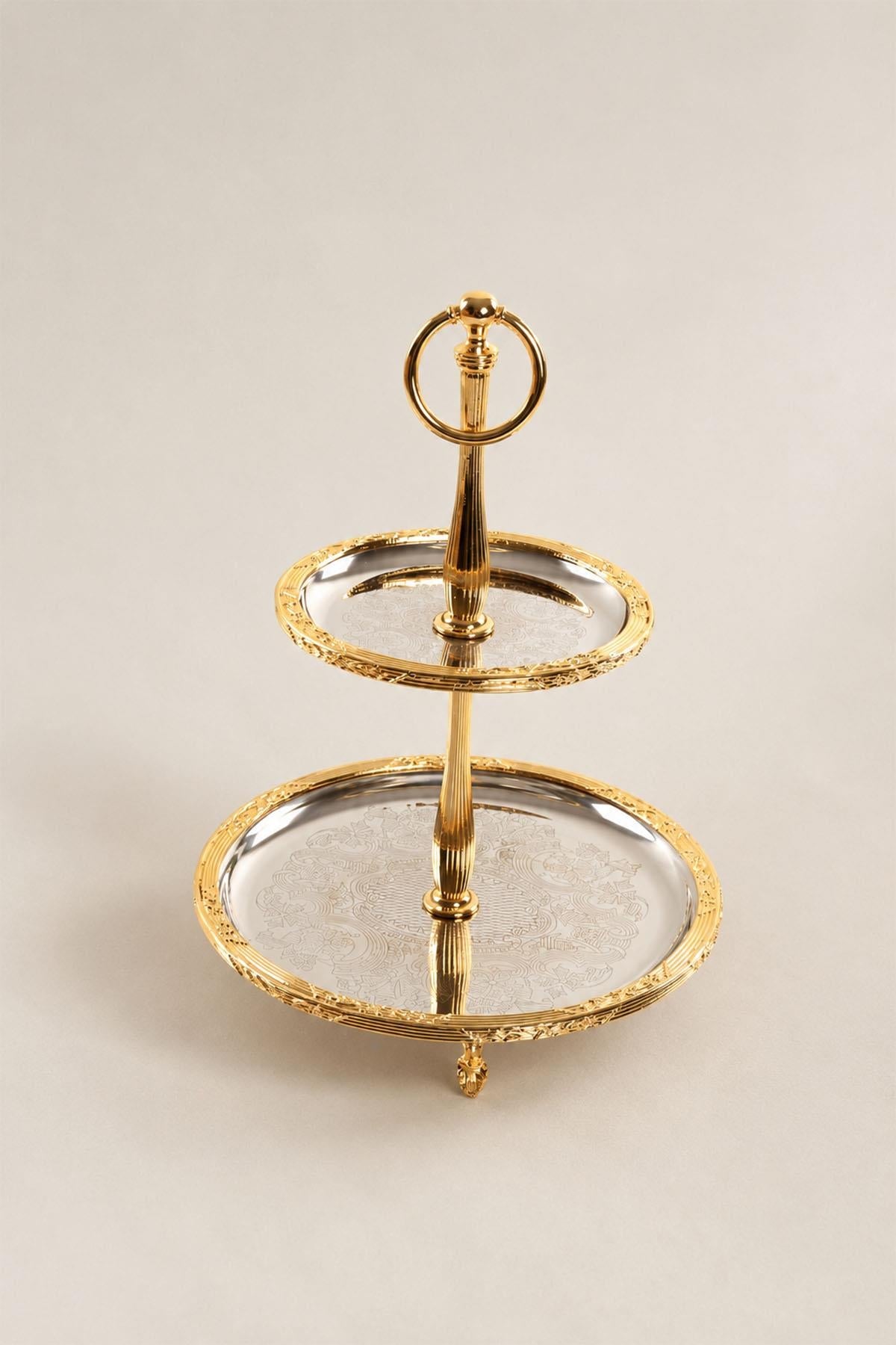 Kessa Gold Detaillierte 2-stöckige Servierplatte (22-15 cm)