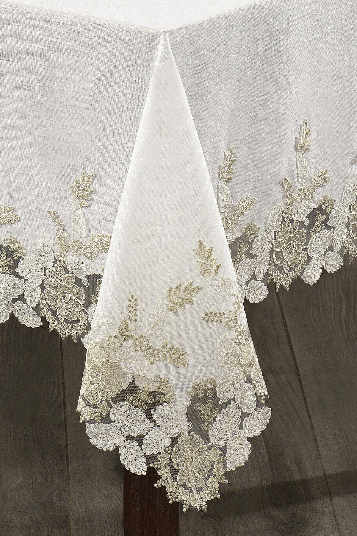 Weiße, fleckabweisende Tischdecke mit Spitzenstickerei, elegante und stilvolle Tischdekoration