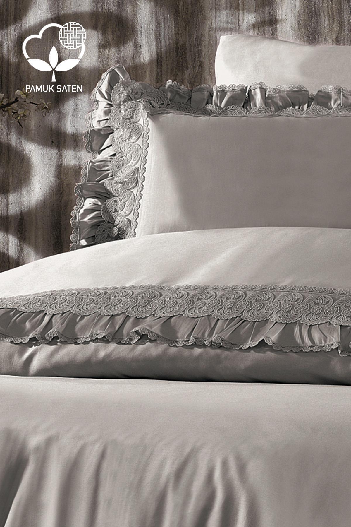 Graues Bettwäsche-Set für Doppelbetten aus Bio-Baumwollsatin mit Spitzenbesatz, elegantes Schlafzimmer-Set