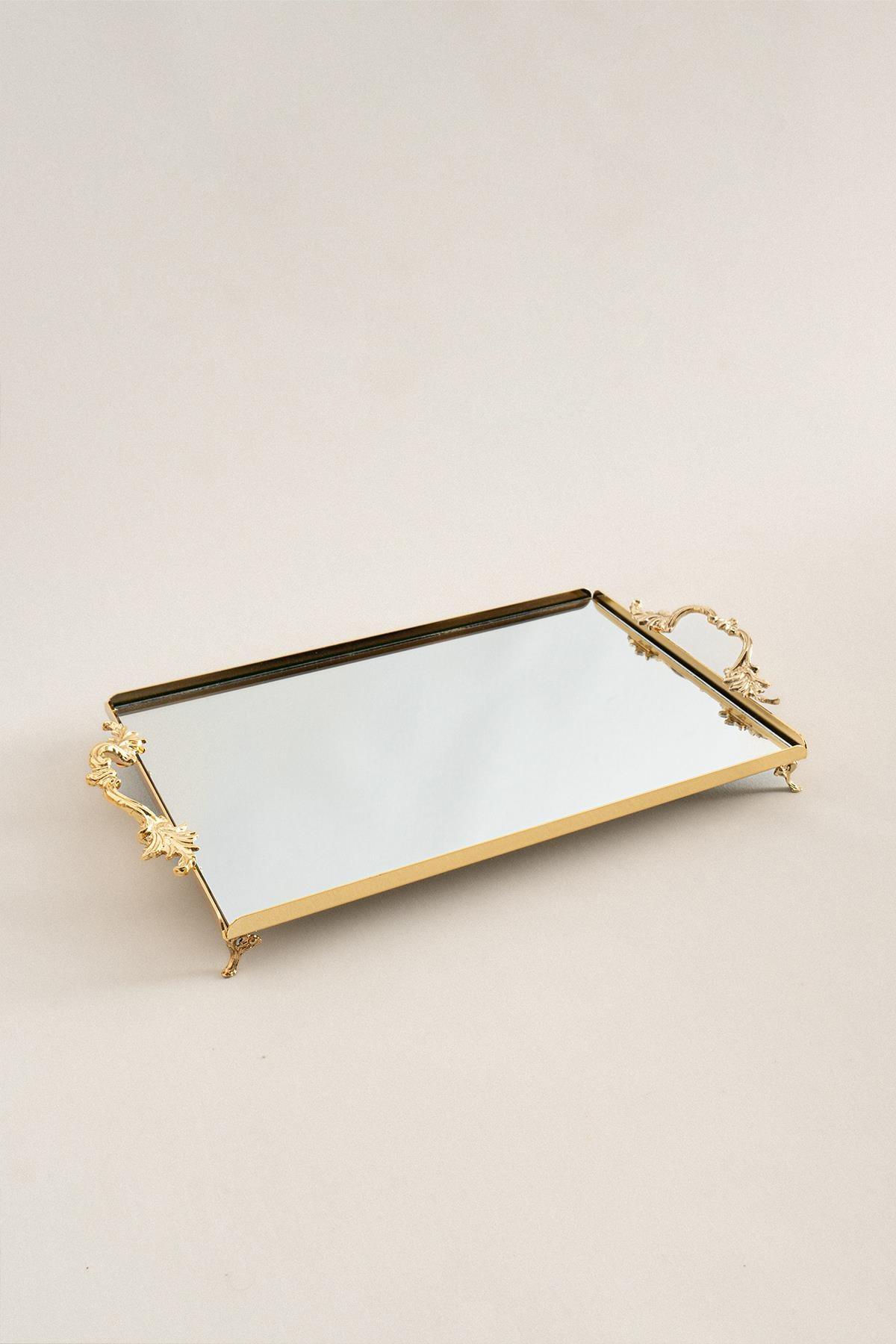 Großes goldenes Serviertablett mit Spiegelfläche und eleganten Griffen, dekoratives Tablett 40x26 cm