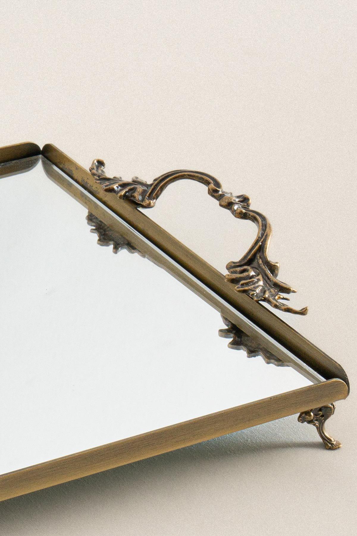 Großes Tablett mit rechteckiger Spiegelfläche, eleganten Griffen und Antik-Optik