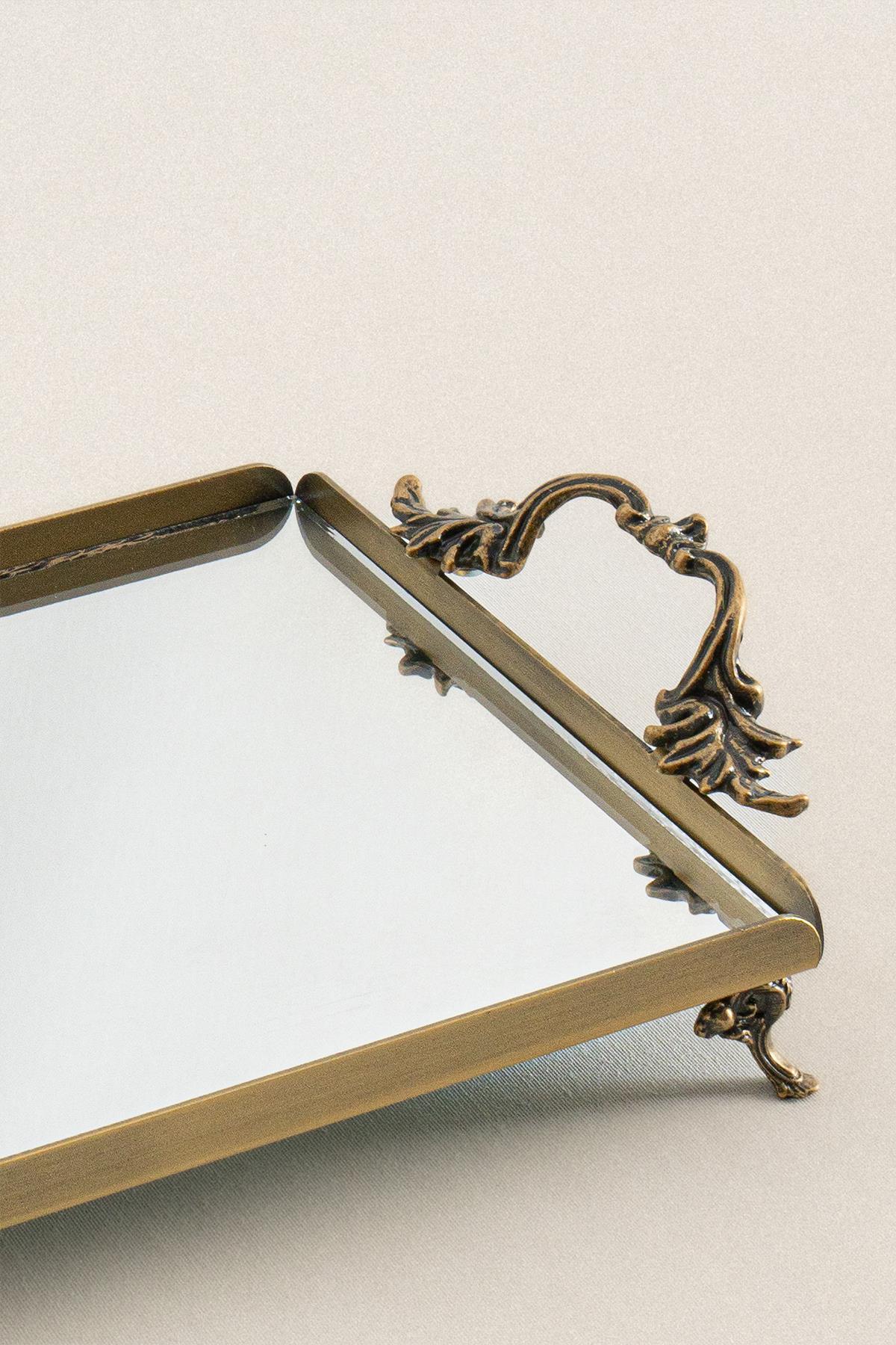 Kleine Serviertablett mit Spiegel und antik bronzefarbenen Griffen, dekoratives und klassisches Design