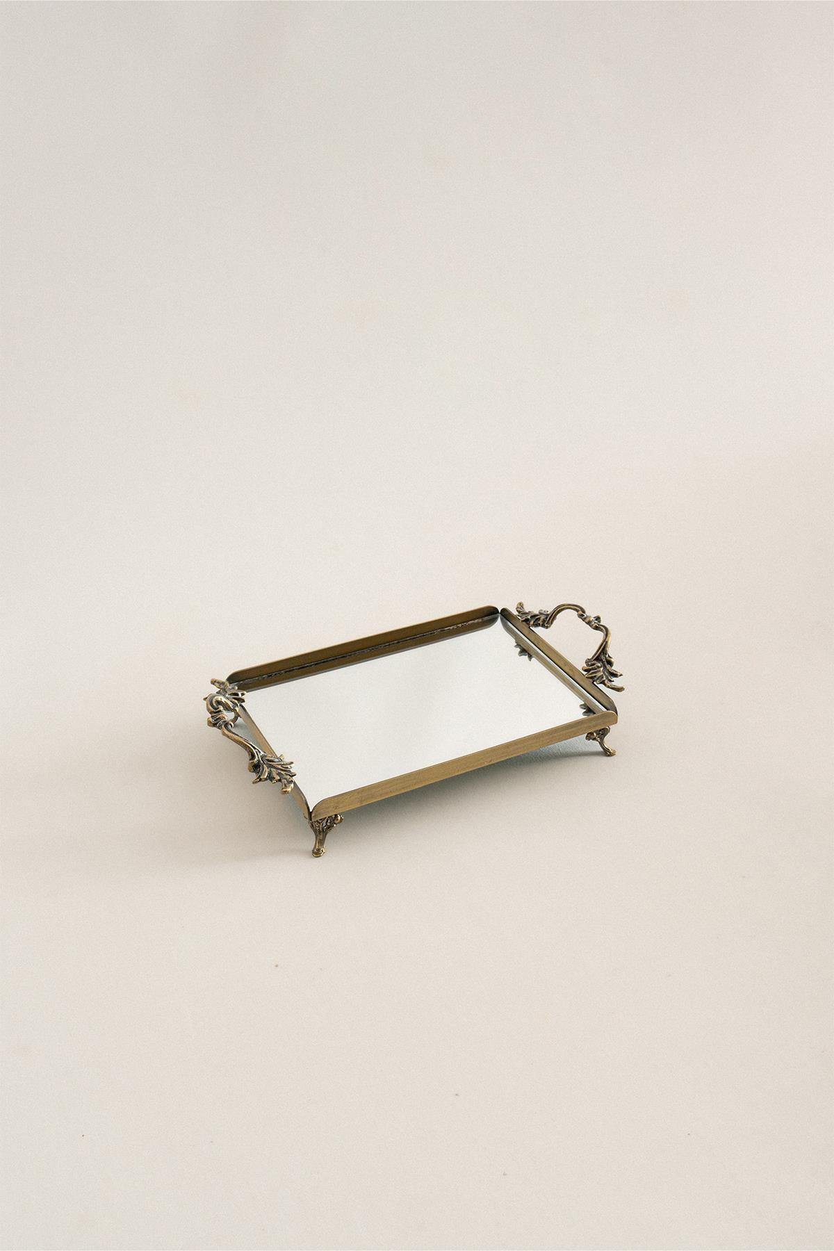 Dekoratives Mini-Tablett mit eleganten Griffen, Spiegelfläche und antikem Metallfuß im Vintage-Look