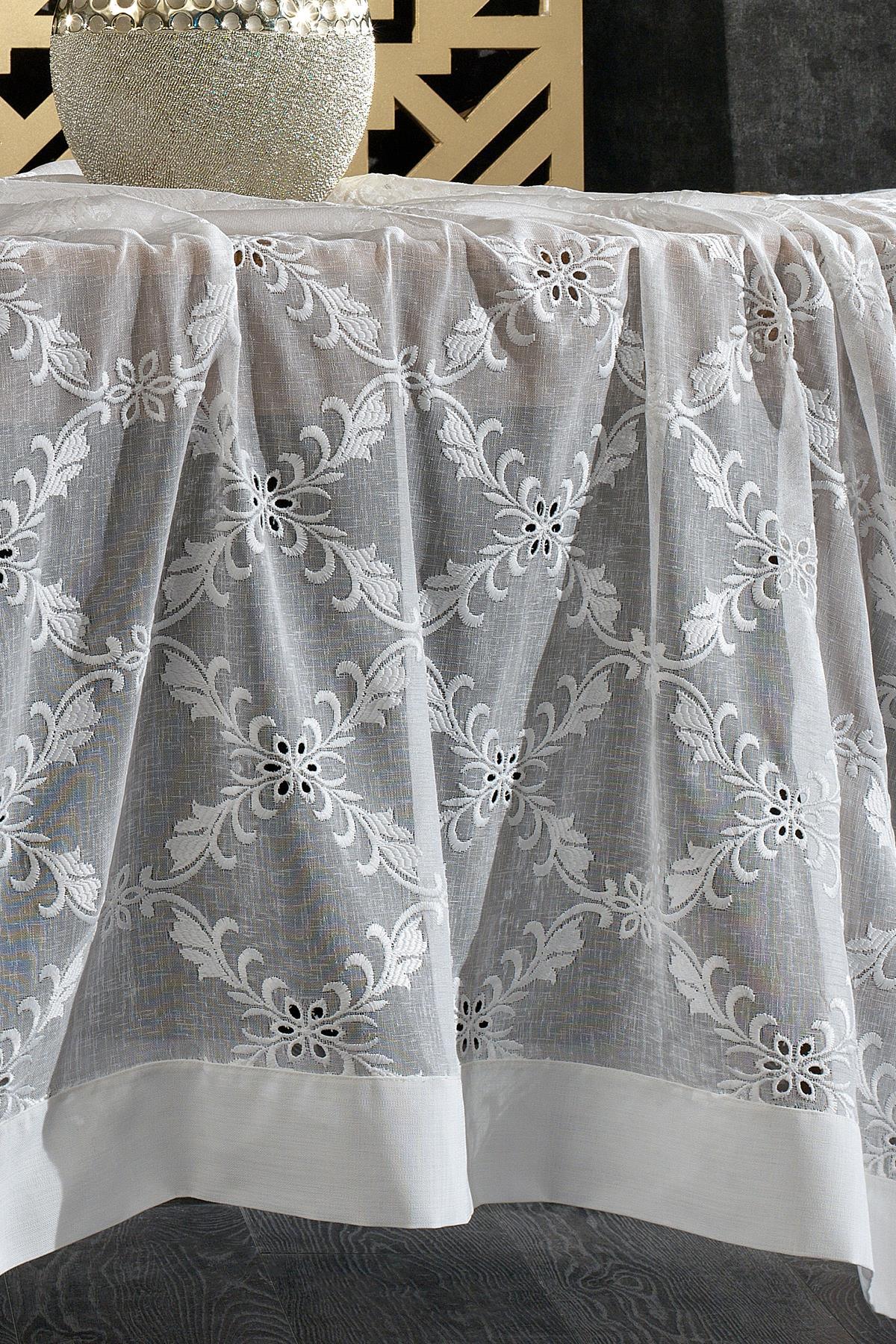 Pflegeleichte, fleckabweisende weiße Satin-Tischdecke mit Blumenstickerei, 160x260 cm