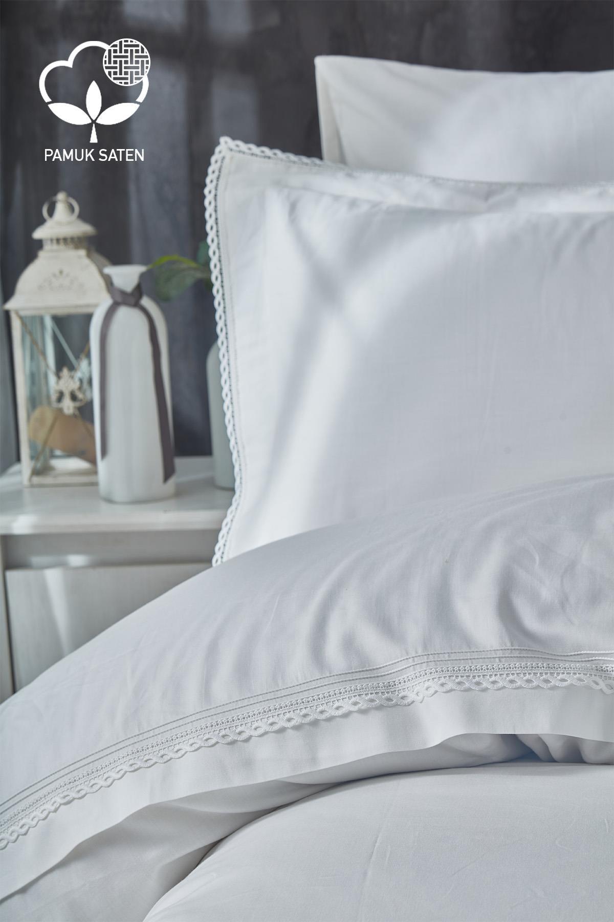 Portie Spitzen-Bettwäsche-Set aus Baumwollsatin, 6-teilig für Doppelbett – Nazik Home – Wert für mein Zuhause!