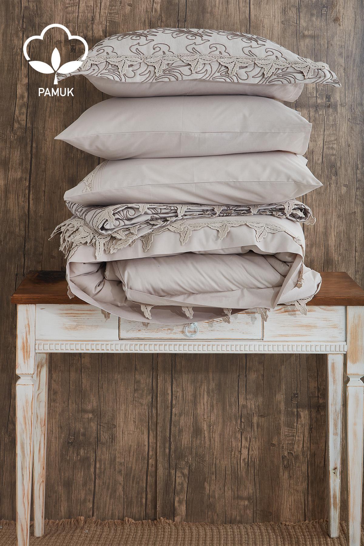 Ribera besticktes Doppelbett-Bettwäsche-Set, 9-teilig, inkl. Tagesdecke – Nazik Home – Wert für mein Zuhause!