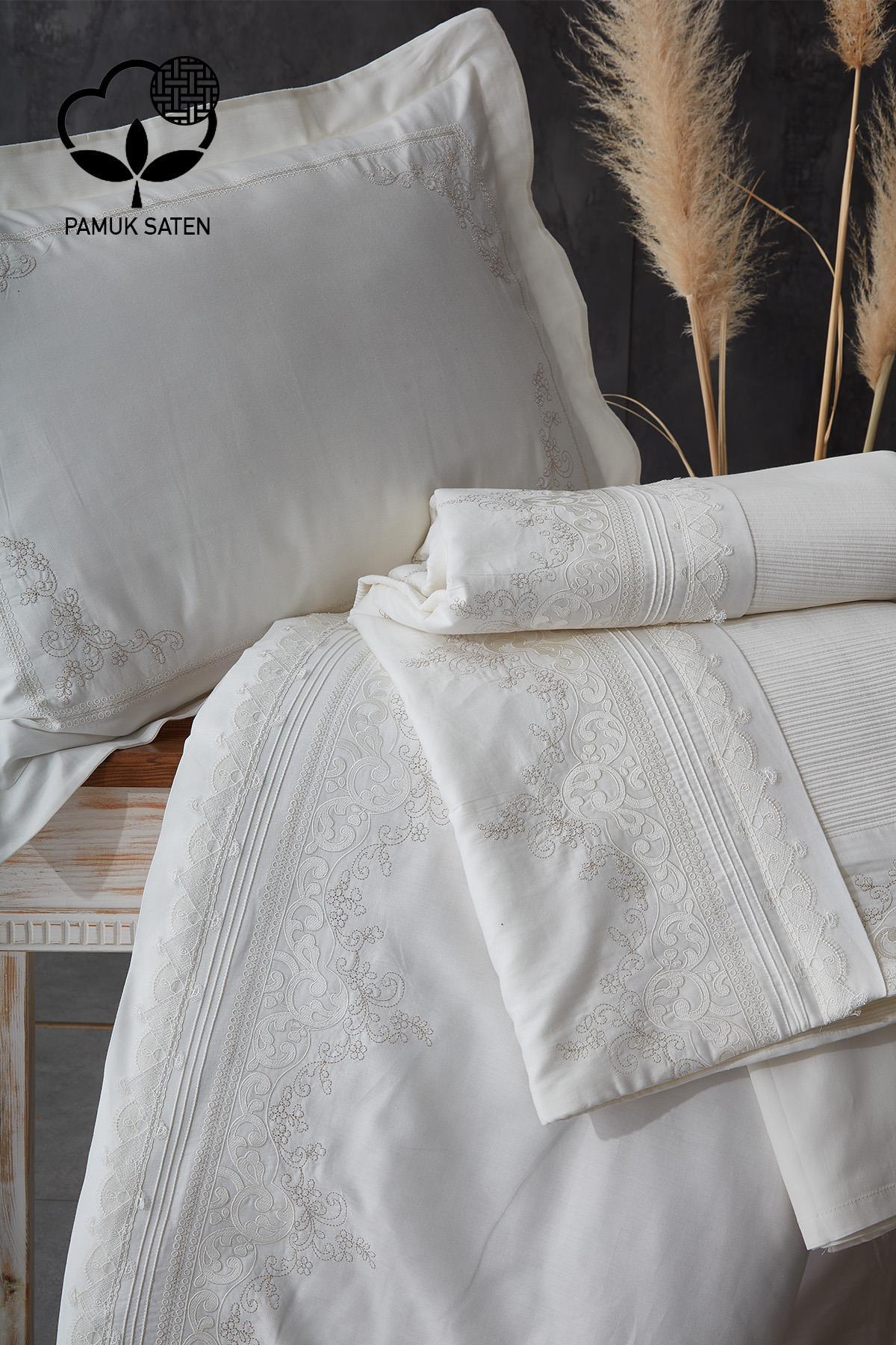 Doppelbett-Bettwäsche- und Tagesdeckenset aus weißem Baumwollsatin mit Yakut-Stickerei
