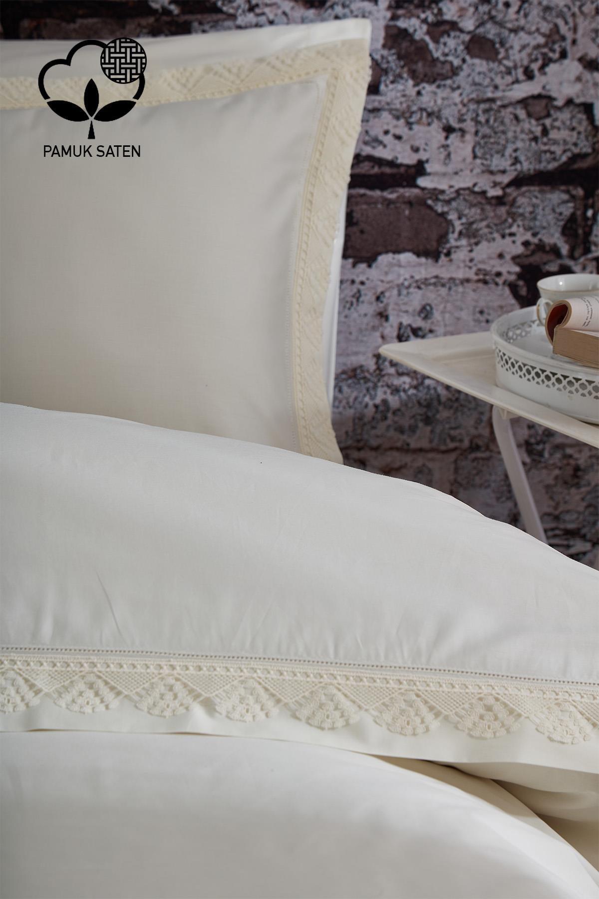 Elegantes 300 TC Baumwollsatin-Bettwäsche-Set mit Spitze, 6-teilig für Doppelbett – Nazik Home – Wert für mein Zuhause!