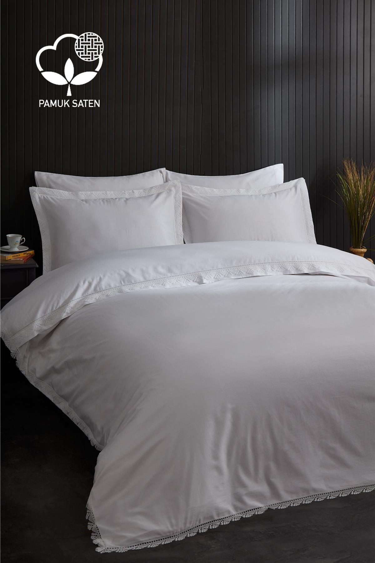 Elegantes 300 TC Baumwollsatin-Bettwäsche-Set mit Spitze, 6-teilig für Doppelbett – Nazik Home – Wert für mein Zuhause!