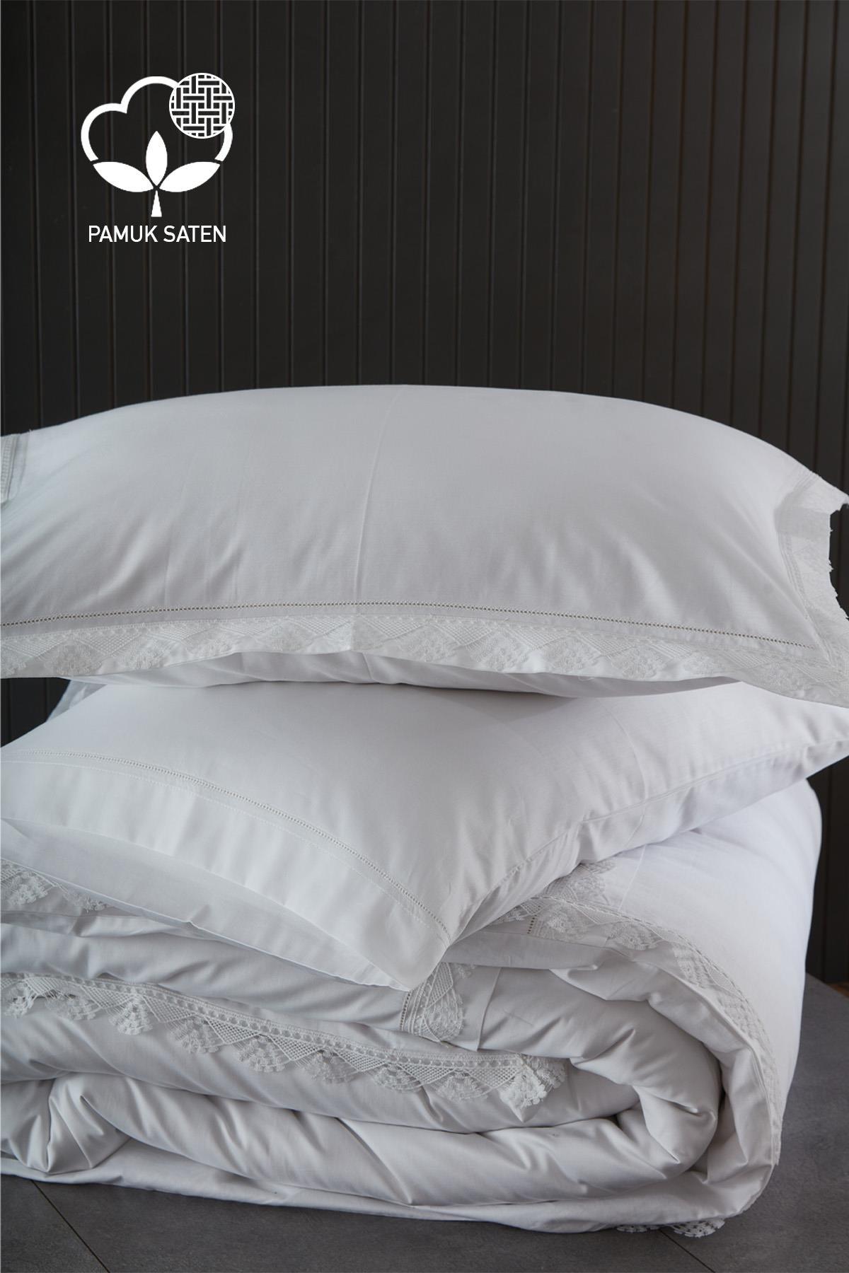 Elegantes 300 TC Baumwollsatin-Bettwäsche-Set mit Spitze, 6-teilig für Doppelbett – Nazik Home – Wert für mein Zuhause!